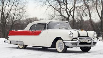Winter snow trees classic pontiac cars roads retro wallpaper