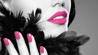 Black and white pink lips nails selective coloring wallpaper