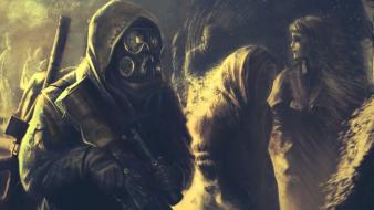 Guns gas masks fantasy art artwork wallpaper