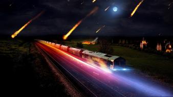 Lights forest moon railroad tracks asteroids burning wallpaper