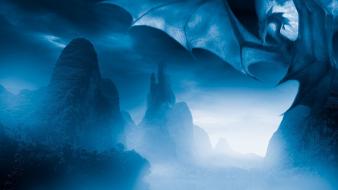 Paintings blue dragons moon fog fantasy art wallpaper
