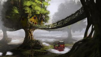 Art boats artwork lily pads tree house wallpaper