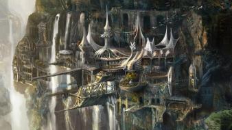 Paintings fantasy art town islands waterfalls wallpaper