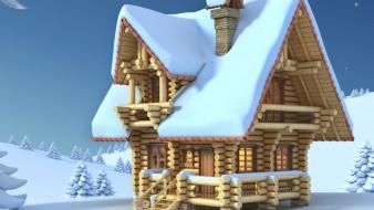 Snow moon houses seasons christmas trees homes wallpaper