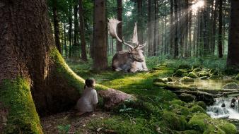 Trees forest animals digital art wallpaper