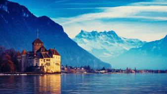 Water mountains landscapes houses switzerland cities