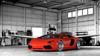 Aircraft cars orange lamborghini aventador hangar