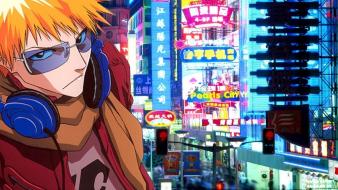 Kurosaki ichigo sunglasses city lights orange hair wallpaper