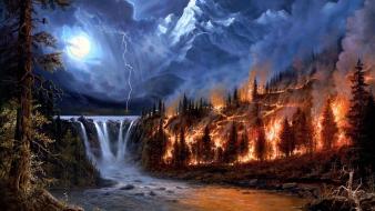 Mountains trees night wood fire moon falls lightning