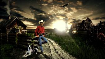 Sunset dogs fields cowboys farmer wallpaper