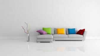 Couch multicolor cushion simple background vases interior designs wallpaper