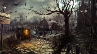 Houses gothic secret dark forest wallpaper