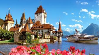 Mountains clouds landscapes castles europe boats switzerland