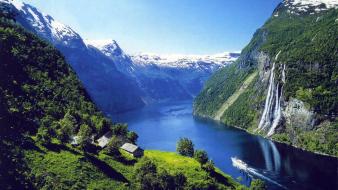 Snow houses norway europe boats rivers fjord wallpaper
