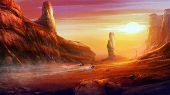 Canyon digital art science fiction vehicles skies wallpaper
