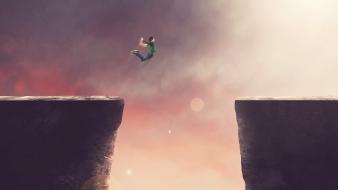 Men jumping digital art jump cliff wallpaper