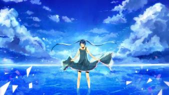 Miku long hair twintails paper plane skies wallpaper