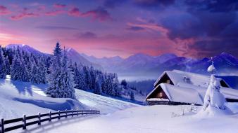Mountains winter snow cabin wallpaper