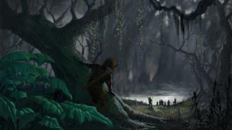Paintings trees dark forest fantasy art warriors wallpaper