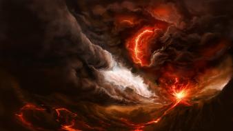 Volcanoes lava smoke artwork lightning wallpaper