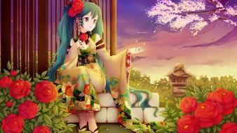 Aqua eyes hair yukata japanese clothes nardack wallpaper