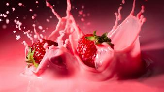 Pink fruits milk strawberries splashes wallpaper