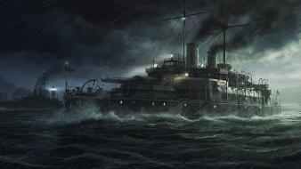 Cannons fleet radojavor warships skies steamer sea wallpaper
