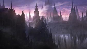 Castles cityscapes artwork purple sky wallpaper