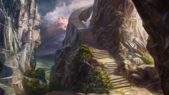 Castles stairways fantasy art digital artwork wallpaper
