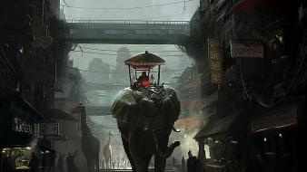 Cityscapes signs fantasy art artwork elephants overcast giraffes