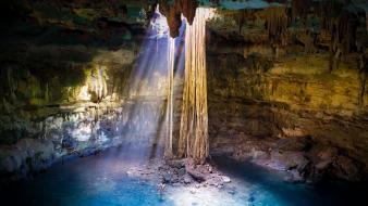 Landscapes nature cave hole azure light beams