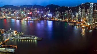 Cityscapes hong kong city skyline bay night landscapes wallpaper