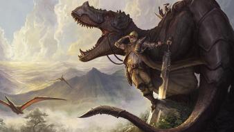 Dinosaurs fantasy art artwork tyrannosaurus rex swordsman wallpaper