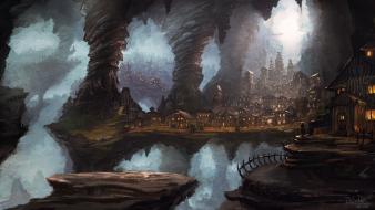 Fantasy art town caves wallpaper