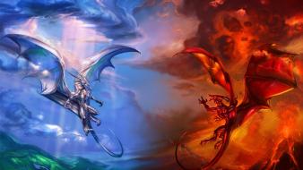 Ice blue red dragons fire fantasy art wallpaper