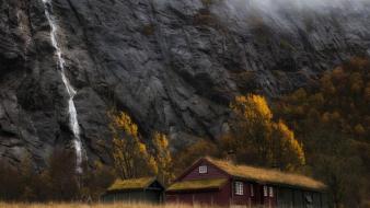 Mountains houses norway waterfalls stavanger rogaland autumn wallpaper