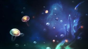 Outer space planets mushrooms jellyfish strange skies wallpaper