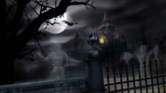 Trees dark moon crows haunted house ghost wallpaper