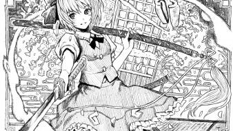 Youmu short hair manga line art swords wallpaper