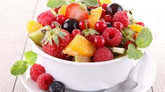 Orange fruits mint raspberries strawberries berries blueberries kiwi wallpaper