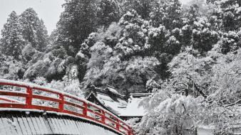 Japan landscapes snow trees bridges asia wallpaper