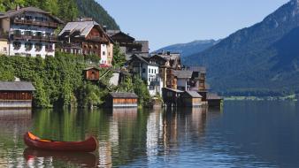 Mountains houses austria lakes canoe hallstatt wallpaper