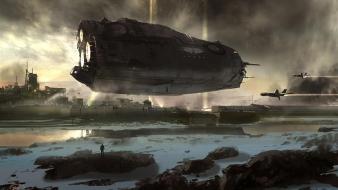 Landscapes futuristic spaceships digital art science fiction artwork wallpaper