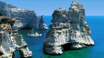 Landscapes ships islands greece milos rock formations