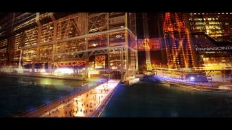 People buildings skyscrapers city lights artwork companies wallpaper