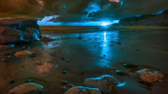Sunset beach sand rock stones scenic blue light wallpaper