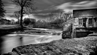 Water black and white landscapes nature dam house wallpaper