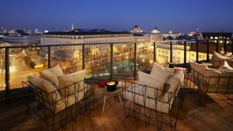 Cityscapes architecture balcony buildings city lights chairs vienna wallpaper