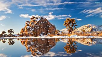 Clouds nature snow trees rocks lakes reflections skies wallpaper