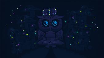 Dark night mushrooms glowing owls artwork desktopography wallpaper